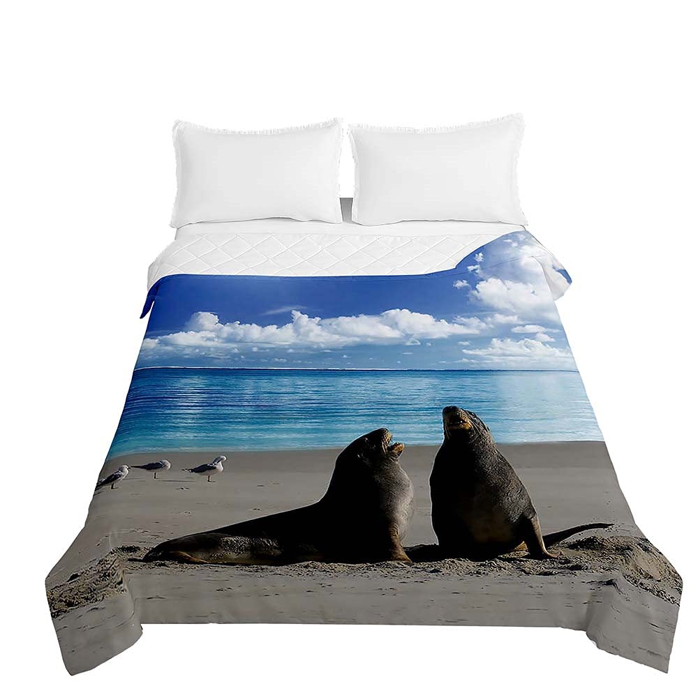 Couvre-lit matelassé 180x220cm réversible motif lion de mer 3D Chickw1 en microfibre