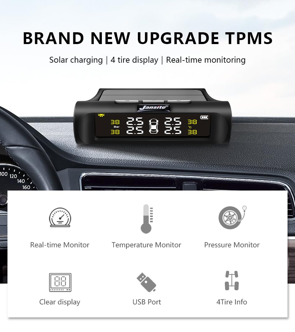 Tpms Sistema di monitoraggio della pressione degli pneumatici for auto a energia solare Sistemi di allarme di sicurezza for auto Avviso di temperatura della pressione degli pneumatici Pressione Pneuma