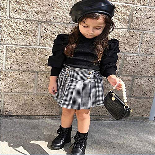 Sasaerucure Kids Toddler Baby Girl Outfit Knitted Long Puff Sleeve Sweater Tops With Houndstooth Skirt 2Pcs Winter Spring Clothes Set (Black, 6-7 Years) #TOP1