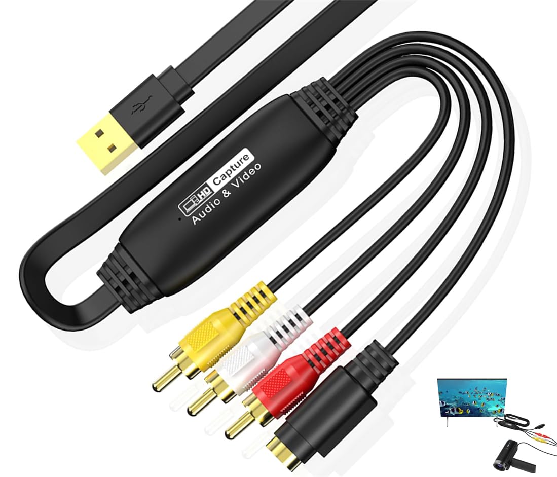 USB Video Audio Capture Card, Male RCA to USB Converter, Convert DVD, VCD, VCR, TV Box, Hi8 and Camcorders Analog Signal to Computer Digital Signal, Supports 1080P Resolution, Mac, Windows