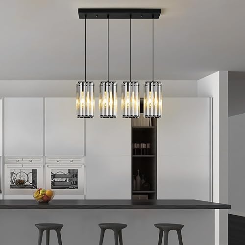 Miniatura 2 de zhllmq Lámpara colgante moderna rectangular negra, mini candelabros de cristal, lámpara colgante ajustable para cocina, isla, comedor, sala de