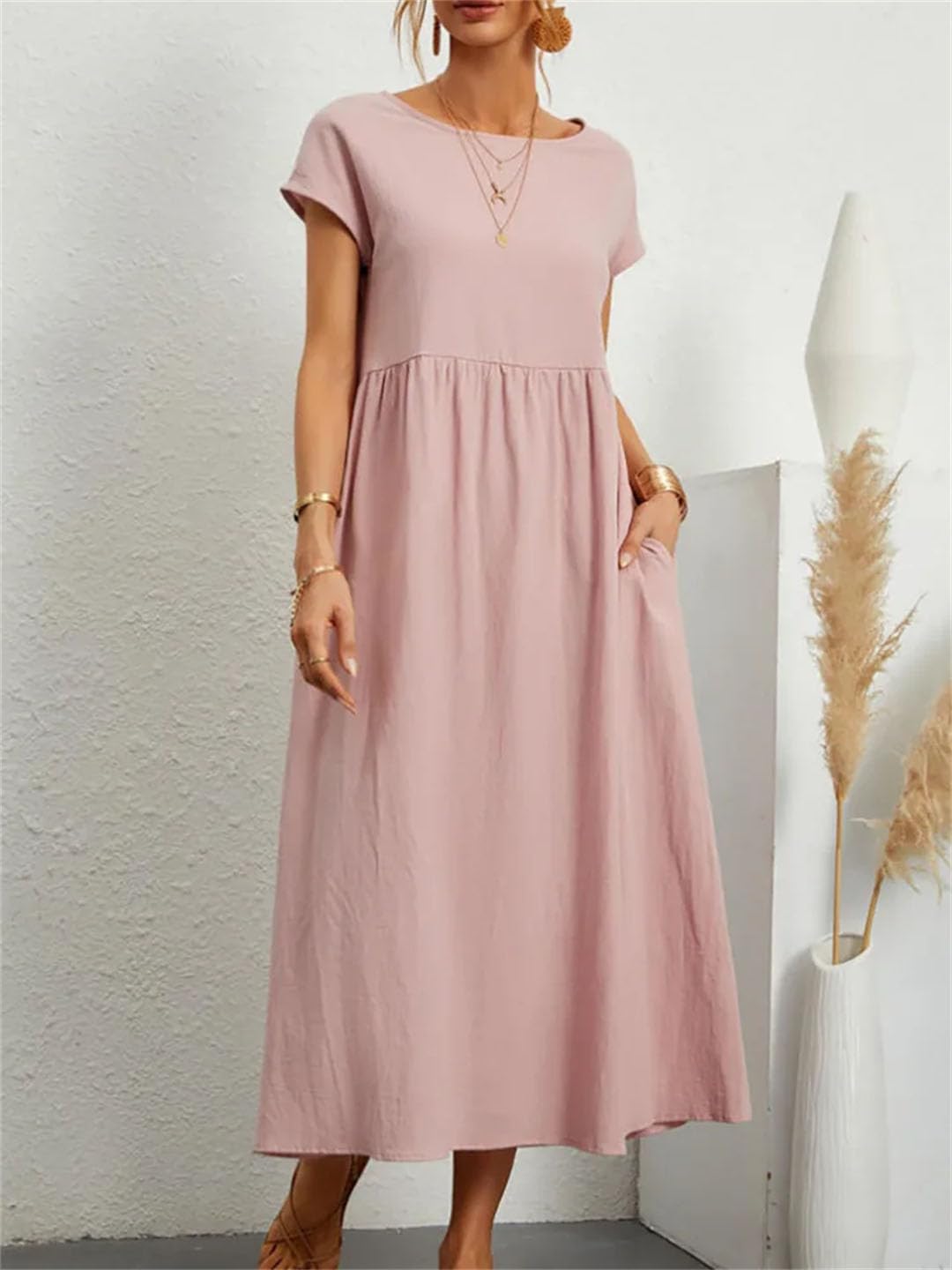 Damskie eleganckie jednolite sukienki okrągły dekolt krótki rękaw bawełniana sukienka vintage luźne kieszenie długa sukienka Vestidos szlafrok