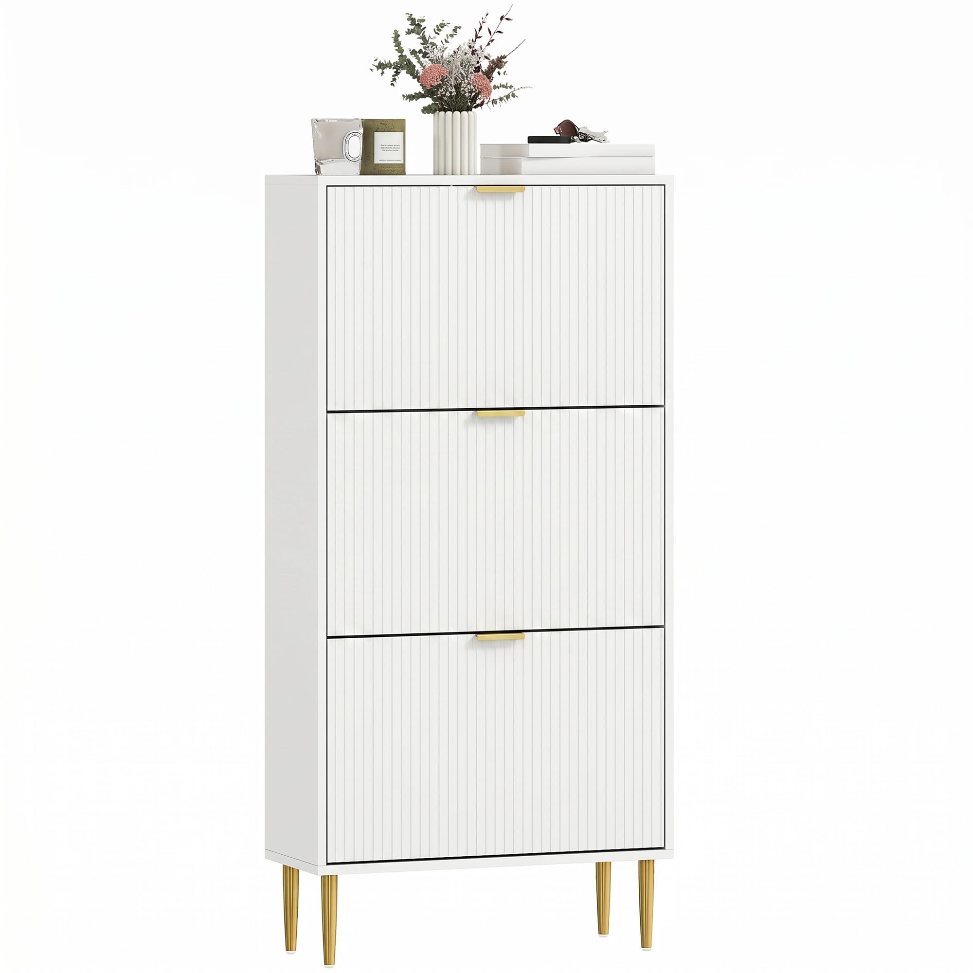 HOMCOM Narrow Shoe Cabinet with 3 Flip Drawers, Modern Slim Shoe Storage Cabinet with Fluted Doors and Adjustable Shelves for Hallway, Holds 9-18 Pairs, White