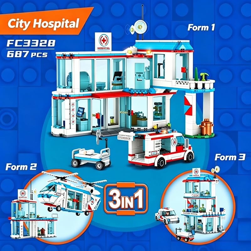 Image of SKY LINE OCEAN City Hospital STEM 3-in-1 Building Block Set, 687 PCS Multi-Model Kit with Ambulance, Truck & Rescue Helicopter, City Series Construction Toy for Kids 6+ | 5 Year Structural Warranty