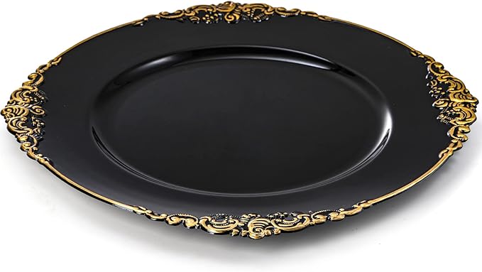 Okllen Juego 12 Platos Cargadores Negros con Borde Floral miniatura 4