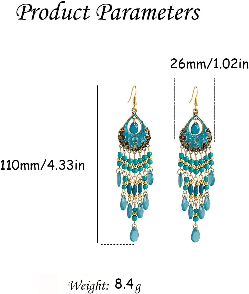 Boho Long Teardrop Beaded Tassel Dangle Earrings for Women Gold-Toned Bohemian Crystal Beads Fringe Dangling Drop Statement Earrings Enamel Flower Link Piercing Fish Hook Native Tribal Ethnic Jewelry - Image 6