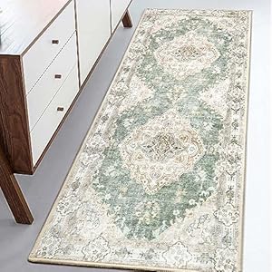 MUJOO Hallway Runner Rug Machine Washable Runner Rug Non Slip Boho Green Runner Rug for Hallways Entryway Kitchen Bathroom Bedside Retro Soft Low-Pile 2’x6′ Blossom
