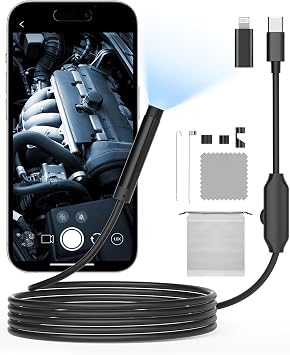 Endoscope Camera with Light, 1920P HD, 5m Inspection Camera, 8 LED Lights, No WiFi, IP67 Waterproof, Black, USB Type C, for Android & iOS Smartphones