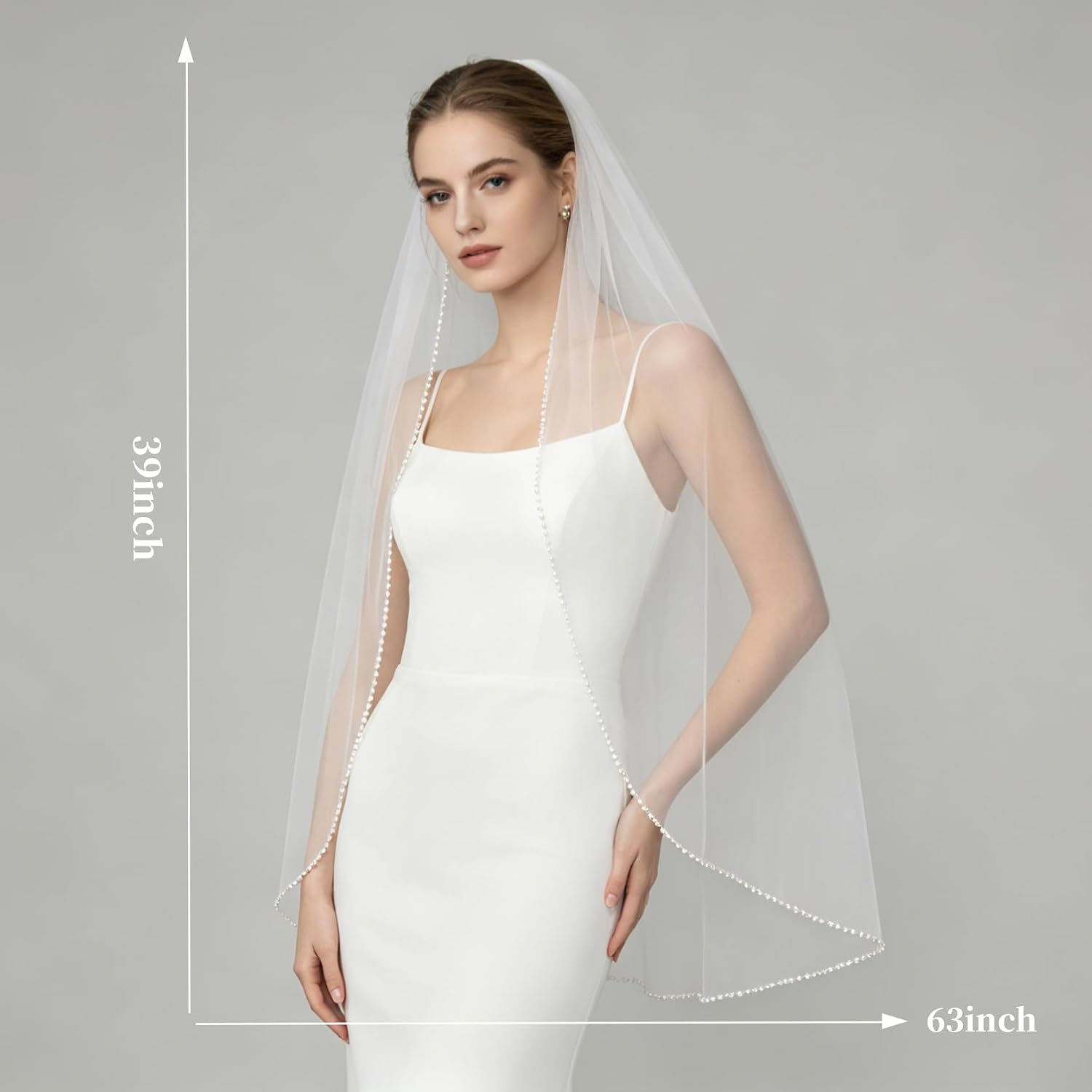 Fingertip Length 1 Tier Wedding Veil, Soft Tulle Bridal Veil with Pearl Crystal Beaded Edge for Brides