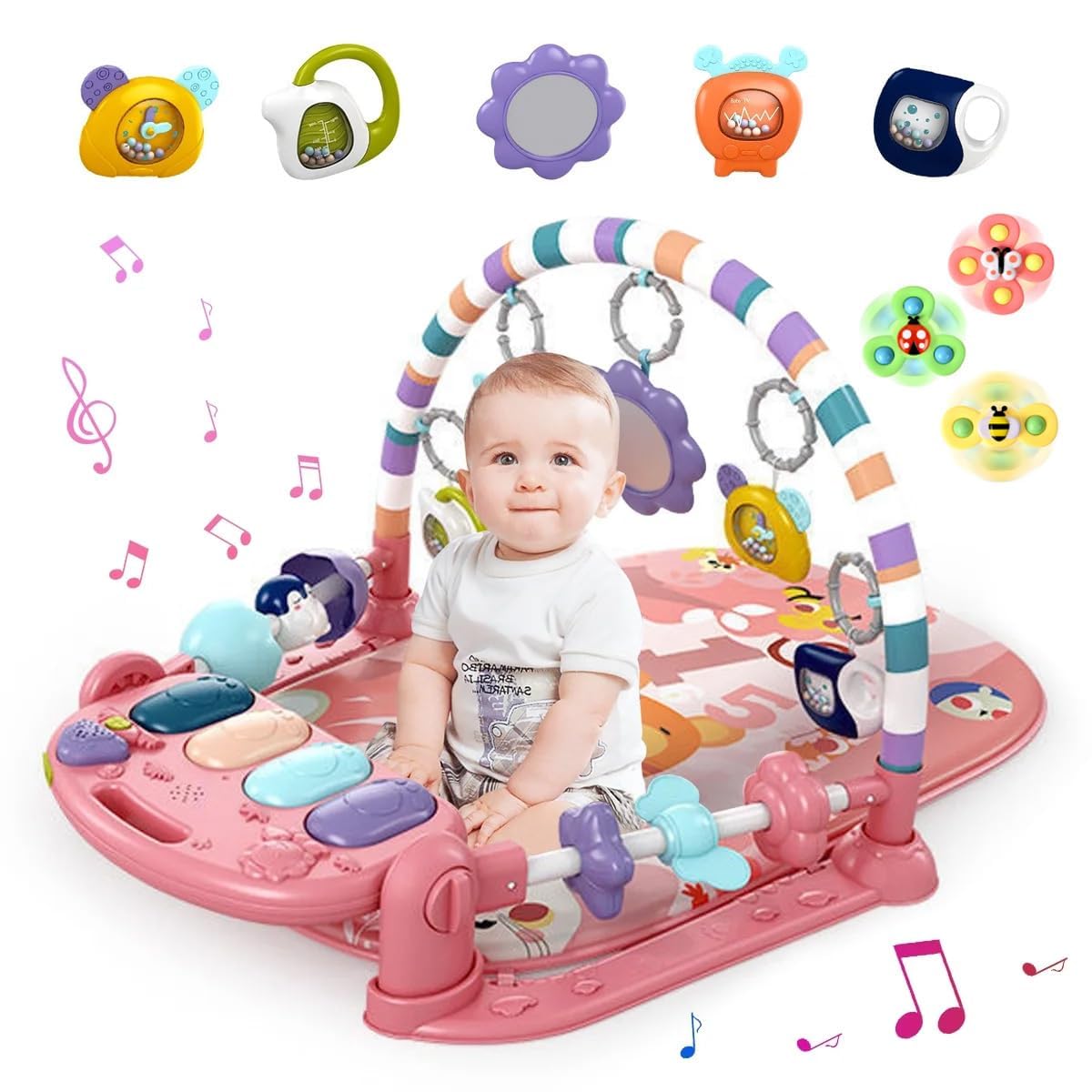 Tapete de juego de gimnasio para bebé, tapete de piano para bebé, luces para patear y jugar, juguetes para el tiempo boca abajo, para actividades musicales, visuales, auditivas, sensoriales, de 9