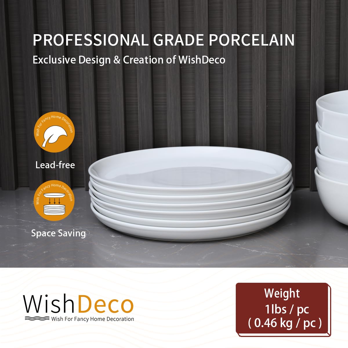 WishDeco White Dinner Plates Set of 6, Porcelain Salad Plates 23