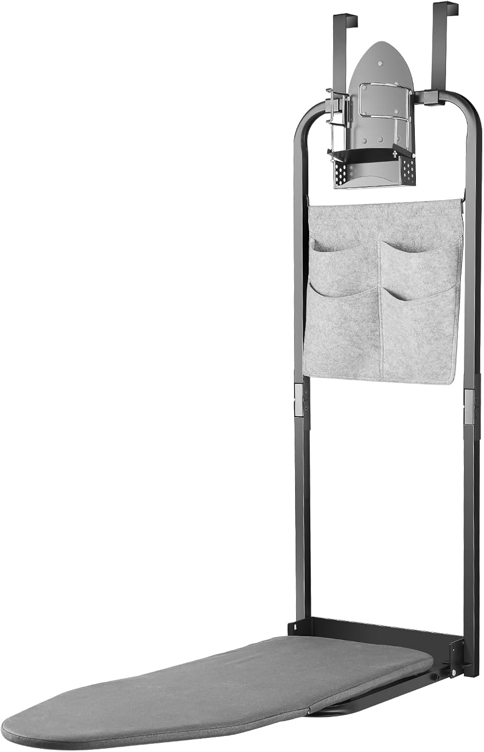 Over The Door Ironing Board 13x36 inches with Iron Holder and Pocket Storage Bag, Hanging Iron Board for Home Laundry Room, Black Black 13x36 inches