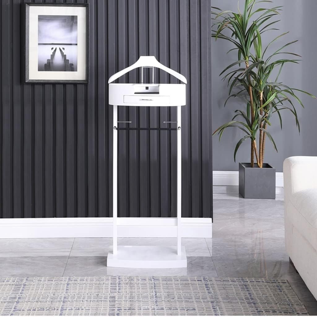 Freestanding Wood Suit Stand Valet Rack for Men & Women with Drawer, Top Tray, Contour Hanger - Ideal for Office, Living Room, Bedroom (43.1X34.2X106.6cm)
