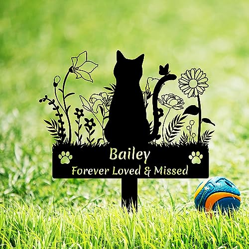 Custom Cat Name Memorial Grave Stake Marker Personalized Floral Cat Memorial Grave Marker Customized Flowers Butterfly Cat Memorial Stake Outdoor Metal Grave Plaque Cat Memorial Statue