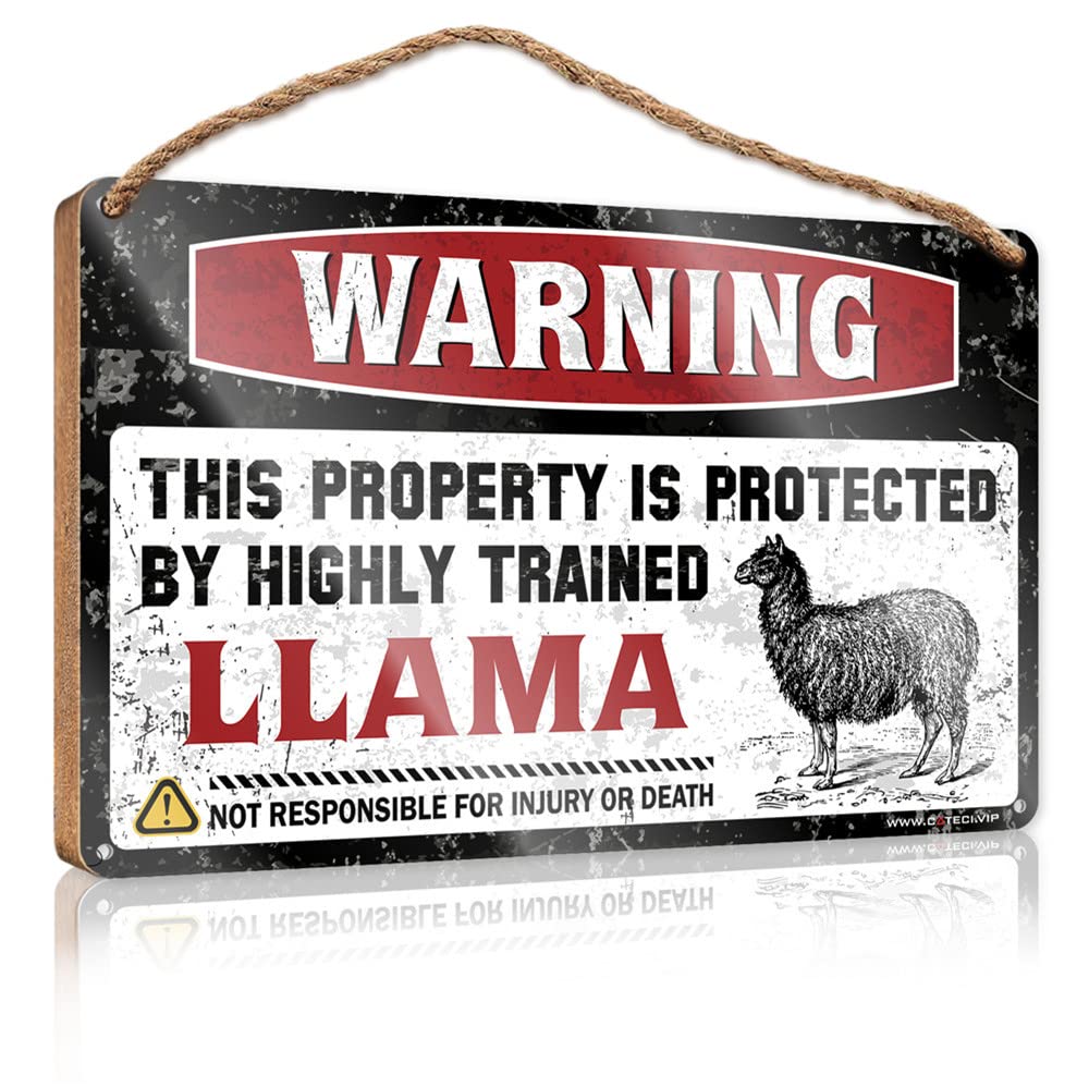 HELIOFORGE Wooden Hanging Sign Warning This Property Is Protected By A Highly Trained Llama Wooden Sign(23X35CM)