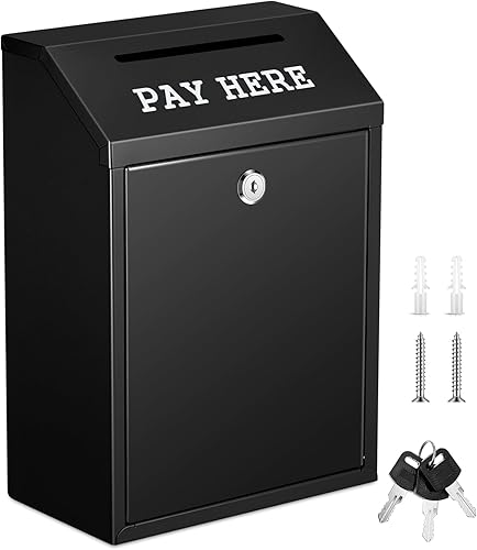 Caja de dinero segura para recolección de dinero, caja de donación de metal con cerradura para montaje en pared, buzón de correo preperforado,