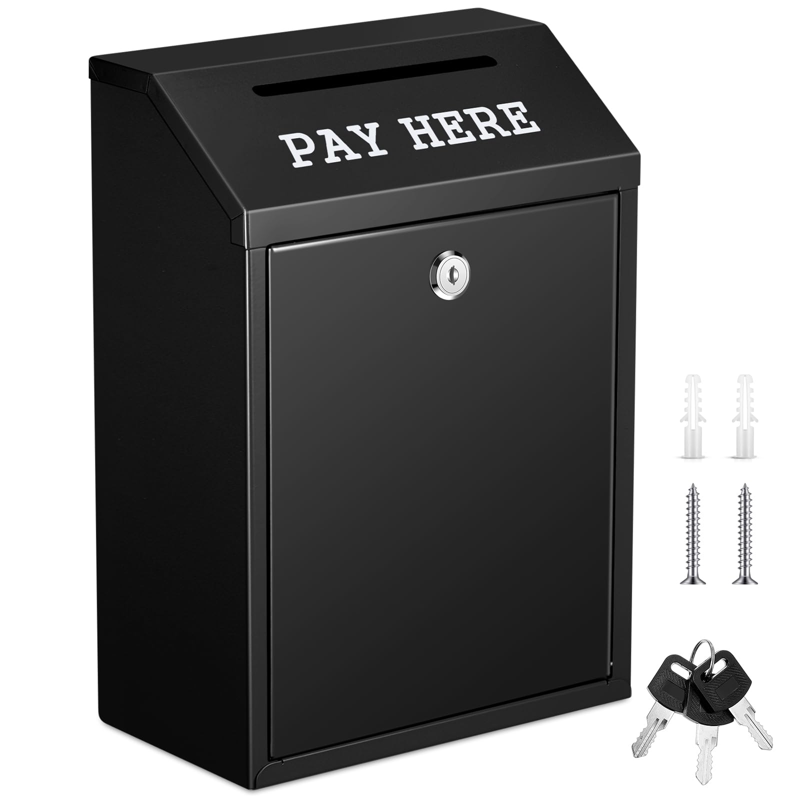 Yaocom Safe Geldkassette aus Metall, Spendenbox mit Schloss, Wandhalterung, vorgebohrt, Briefkasten, Lieferurne für Zuhause, Büro, Outdoor, Selbstbedienungsständer (schwarz, 30 x 21 x 12 cm)