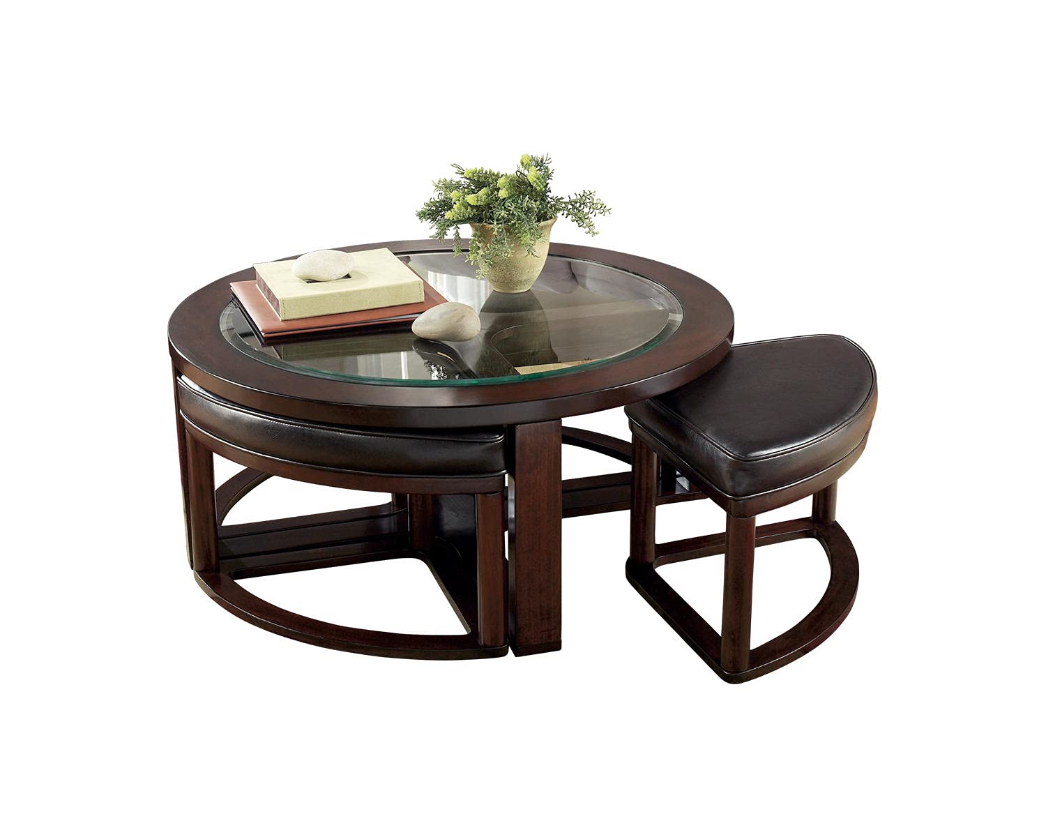 Signature Design by Ashley Marion Traditional Glass Top Round Coffee Table & 4 Upholstered Stools, Dark Brown