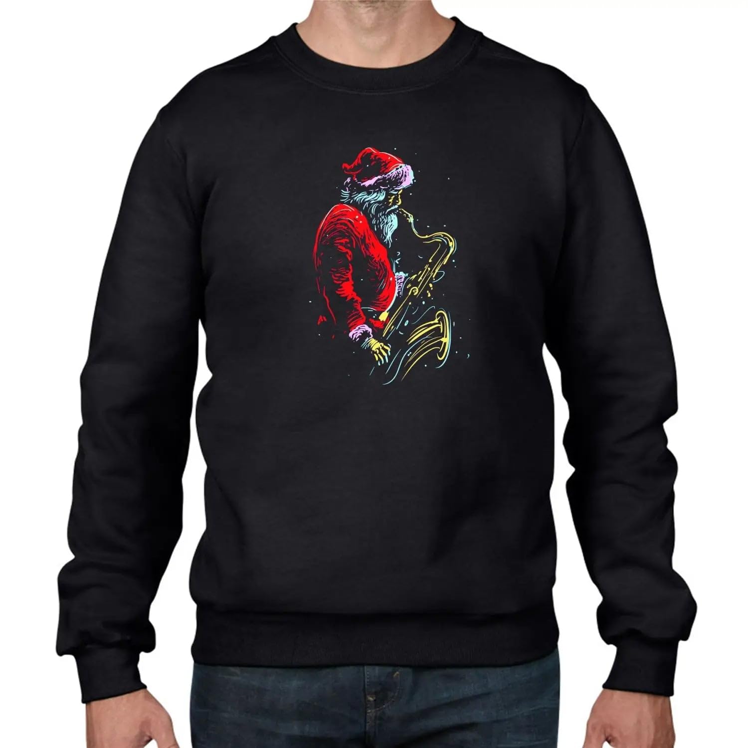Low Frequency Clothing Men's Black Santa Claus Saxophone Cool Jazz Sweatshirt Christmas Jumper Xl