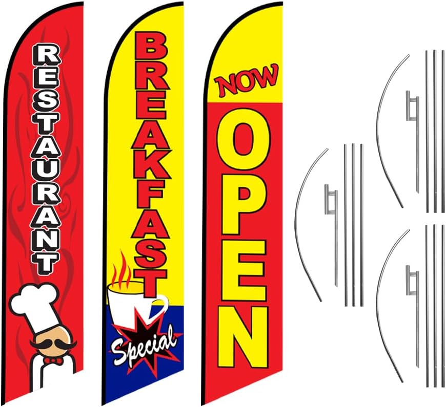 3 Swooper windless Flags Breakfast and Lunch Special with Restaurant outdoor Feather Banners Sign with 3 Pole Kits and 3 Ground Spikes