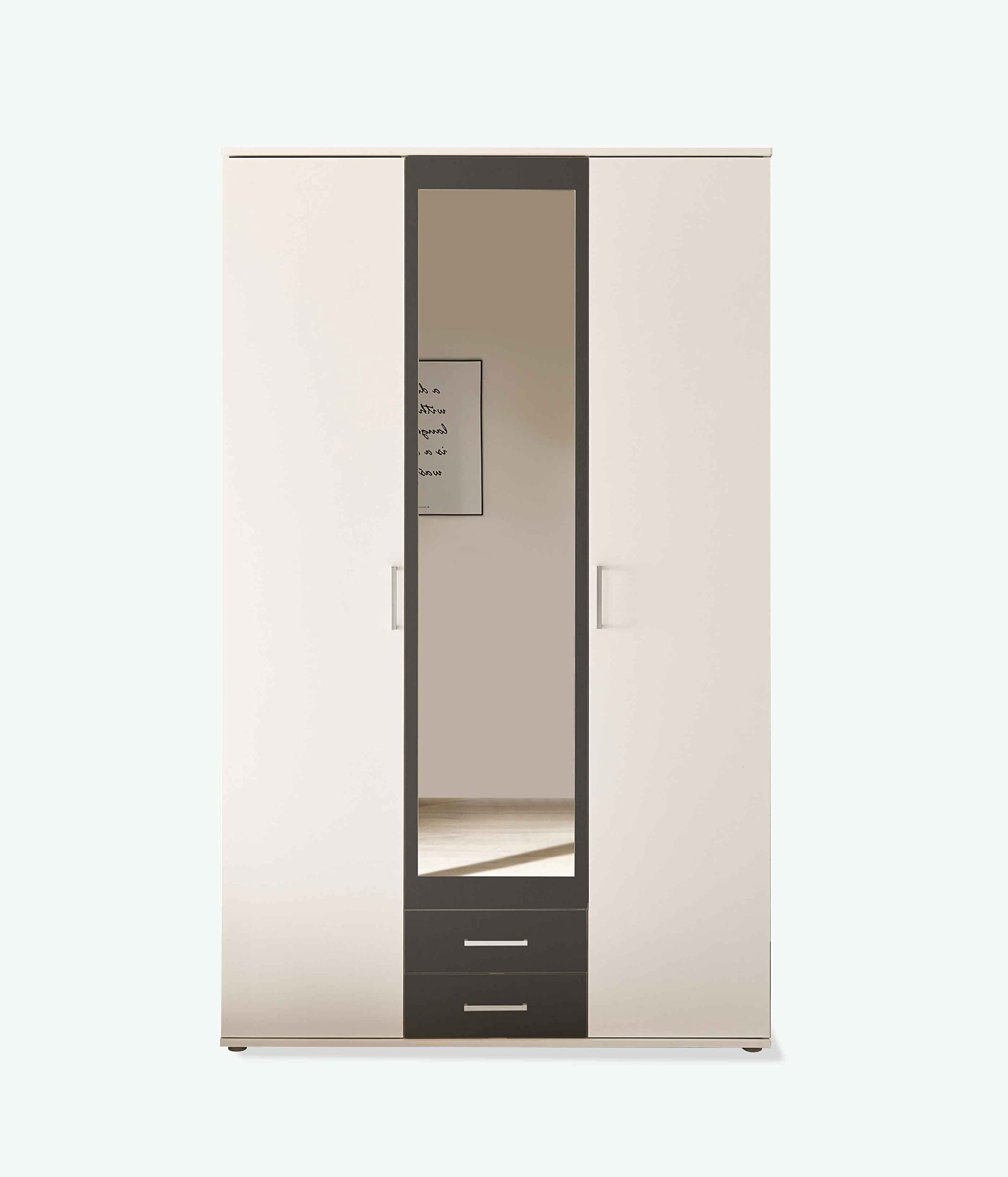 AVANTI TRENDSTORE Hanu - Armadio in legno laminato composto da 2 ante a battente, 1 anta a battente specchiata e 2 cassetti, disponibile in tre colori. Dimensioni LxAxP 120x196,3x53,5 cm