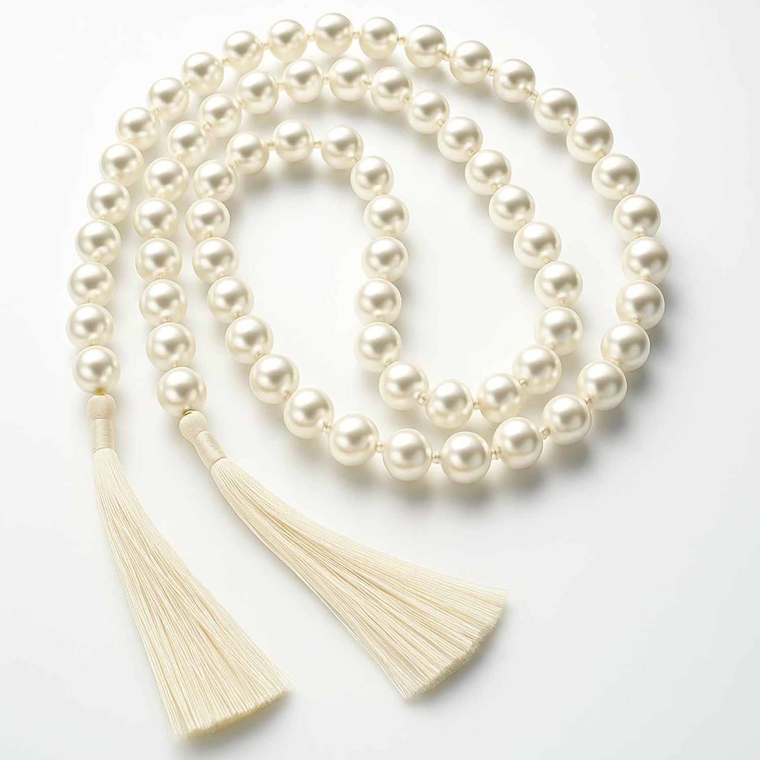 Quelay 58 Inch Large Pearl Garland with Tassels 16mm Pearl Glass Bead Garland Boho Wedding Table Decor Healing Bead Prayer Fringe Wall Shelf Hanging for Party Farmhouse Rustic Home Decoration(Beige)