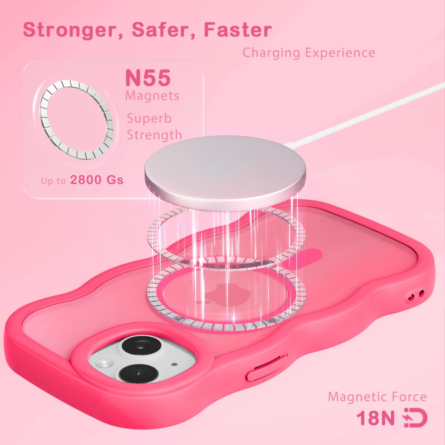 Magnetic for iPhone 14 Case, for iPhone 13 Case, Compatible with Magsafe Wavy Frame Cute Translucent Matte Hard Back Silicone Bumper Shockproof Protective Phone Case Women Girls, Hot Pink - Image 3