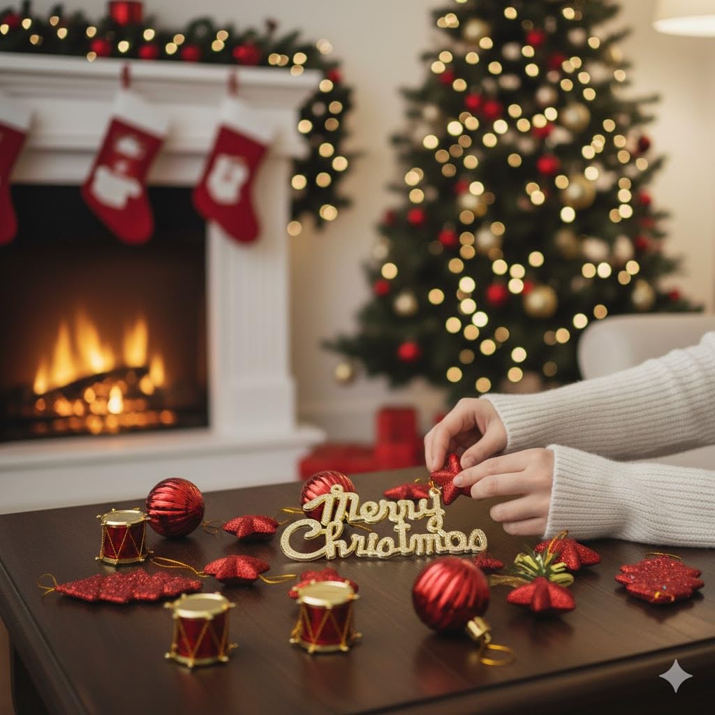 eCraftIndia Christmas Tree Decoration Items Merry Xmas Cutout Stars Bells Drums Balls Pine Tree for Decoration (Pack of 24) Christmas Hanging Ornaments Props Decorations Item for Home Office Church