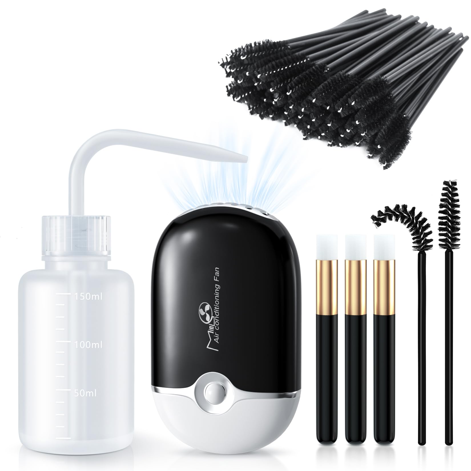Lash Fan Eyelash Extension Supplies with USB Mini Portable Fans 3 Lash Shampoo Brush 50 Eyelash Mascara Brushes 1 Plastic Wash Bottle for Lash