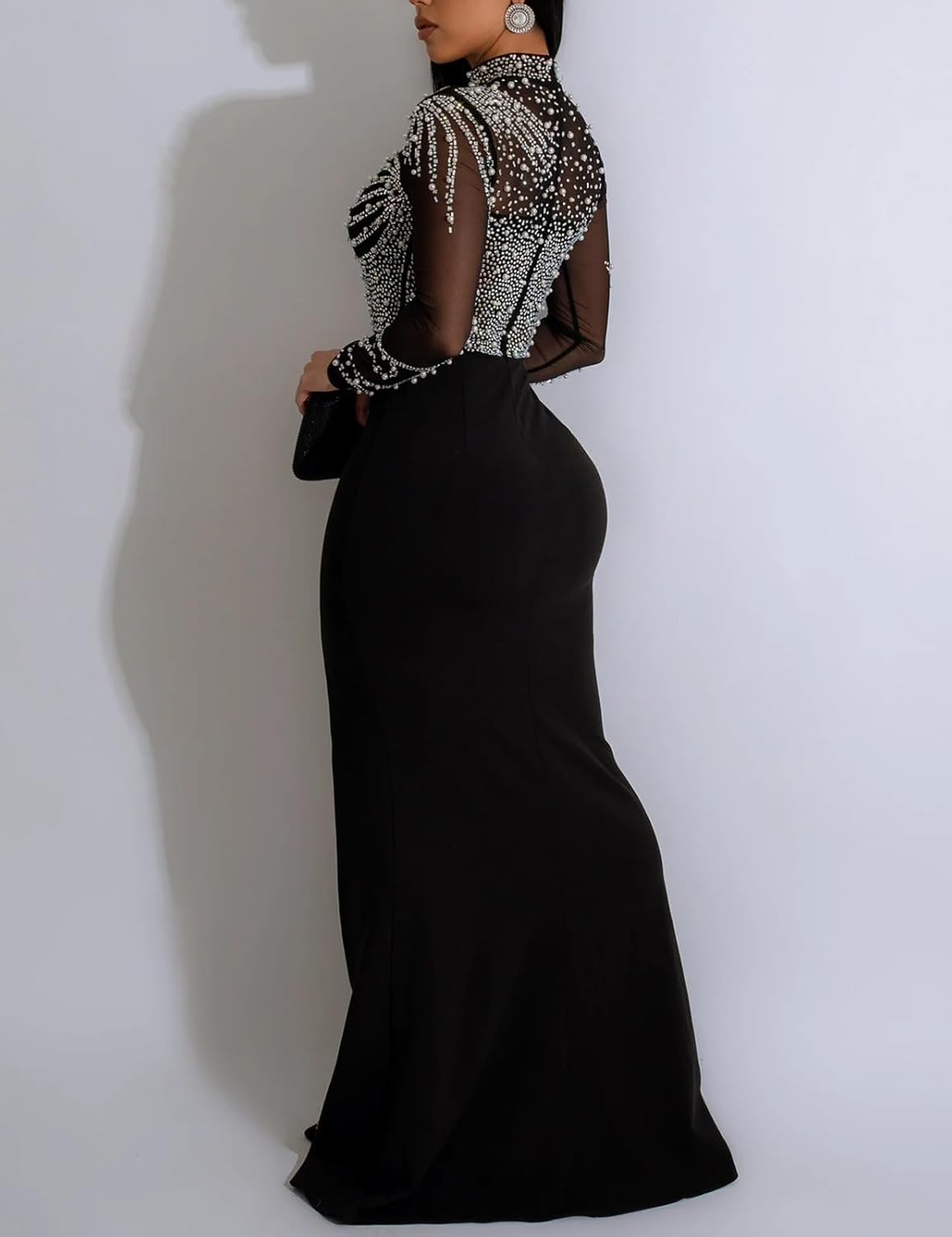 WOKANSE Women's Formal Dresses Mock Neck Sexy Mesh See Through Long Sleeve High Slit Sparkly Rhinestone Prom Dress