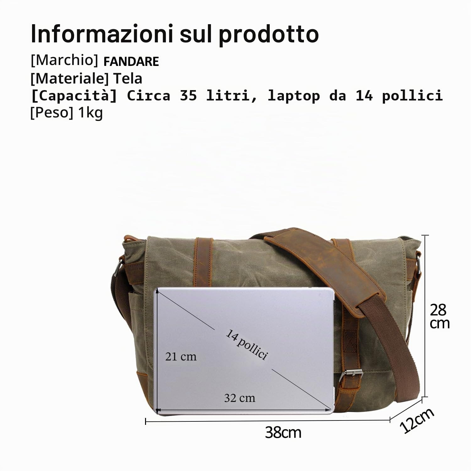 FANDARE Retro Borsa a tracolla Messenger Bag Tela Borsa a tracolla per 14 Pollice Laptop Briefcase Borse A Tracolla Uomo Donna Borsa Sportiva Lavoro Scuola Zaino