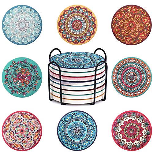 Dichmag Set of 8 Coasters for Drinks - Cork Base, with Holder, Absorbing Stone Mandala Cups and Mugs Mats set for Housewarming, Birthday, Living Room Decor