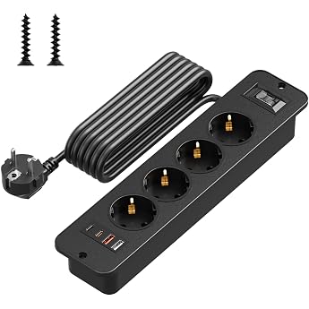 Built-in Socket 4-Way with 4 USB (PD 20 W), Surge Protection | With overload circuit breaker, 2 m extension cable and table s