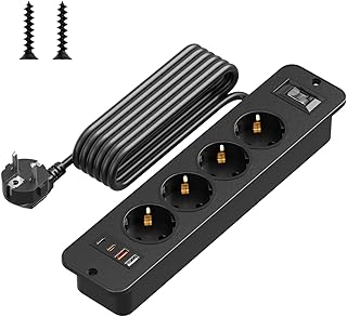 Einbausteckdose mit 4 USB(QC 3.0/PD 20W), 4 Fach Steckdosenleiste Überspannungsschutz mit Schalter, Tischsteckdose 2M mit Verlängerungskabel für Küche Schreibtisch Konferenztisch