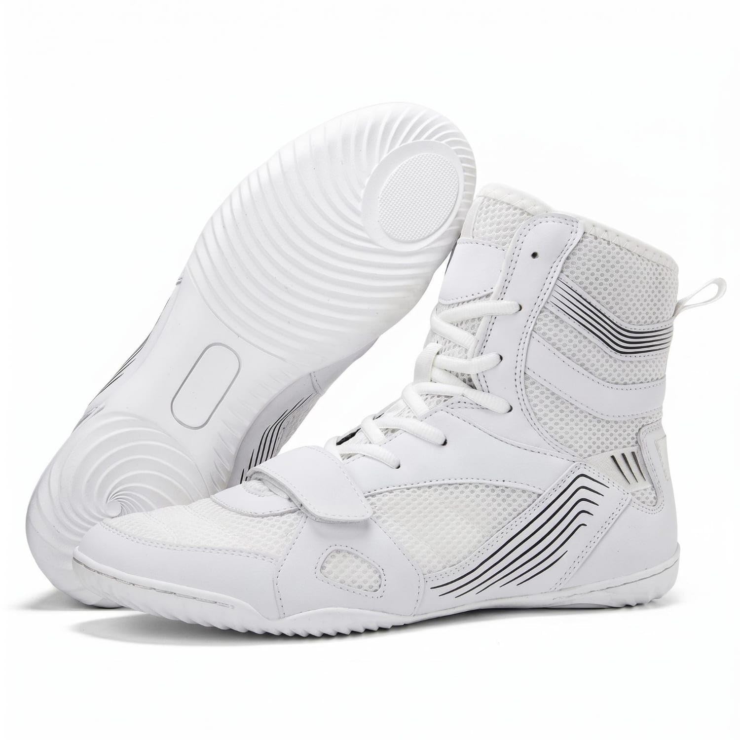 Breathable Mesh High-Top Boxing Shoes Hook-and-Loop Strap High Top Boxing Shoes Grippy Outsole Sports Footwear Synthetic Overlays, White, 42-image-46
