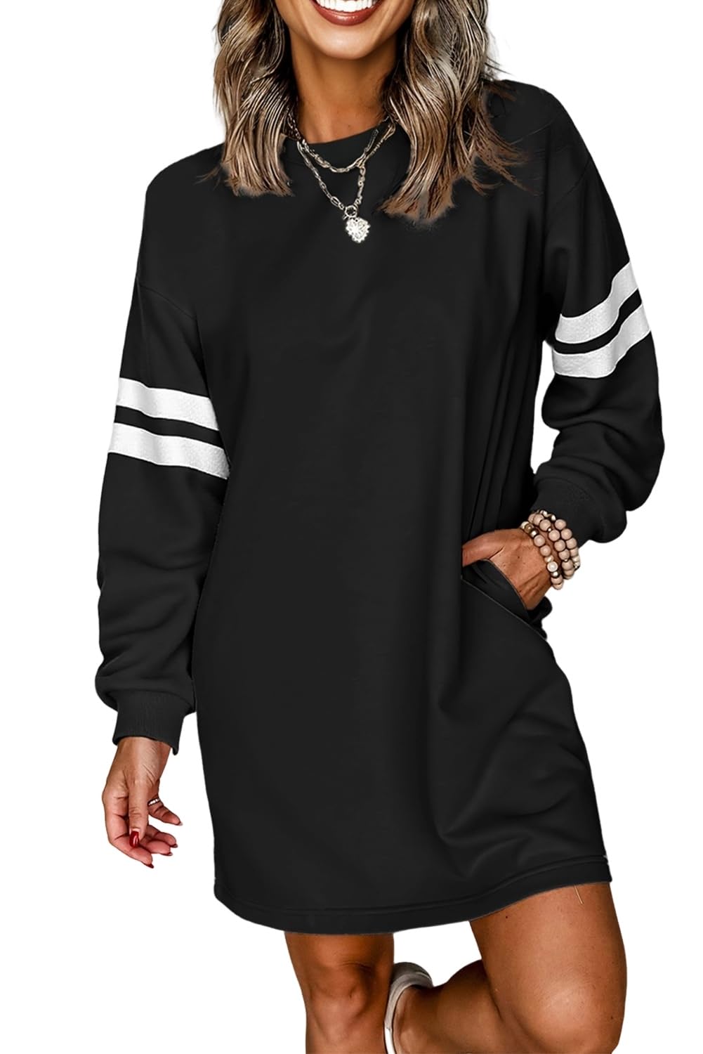 Womens Color Block Dresses Varsity Contrast Banded Sleeve Shift Sweatshirt Dress Casual Daily Mini Dress
