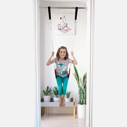 Miniatura 4 de DreamGYM Juego de columpios para puerta - Columpio interior para niños con columpio de cuerda clásico rojo