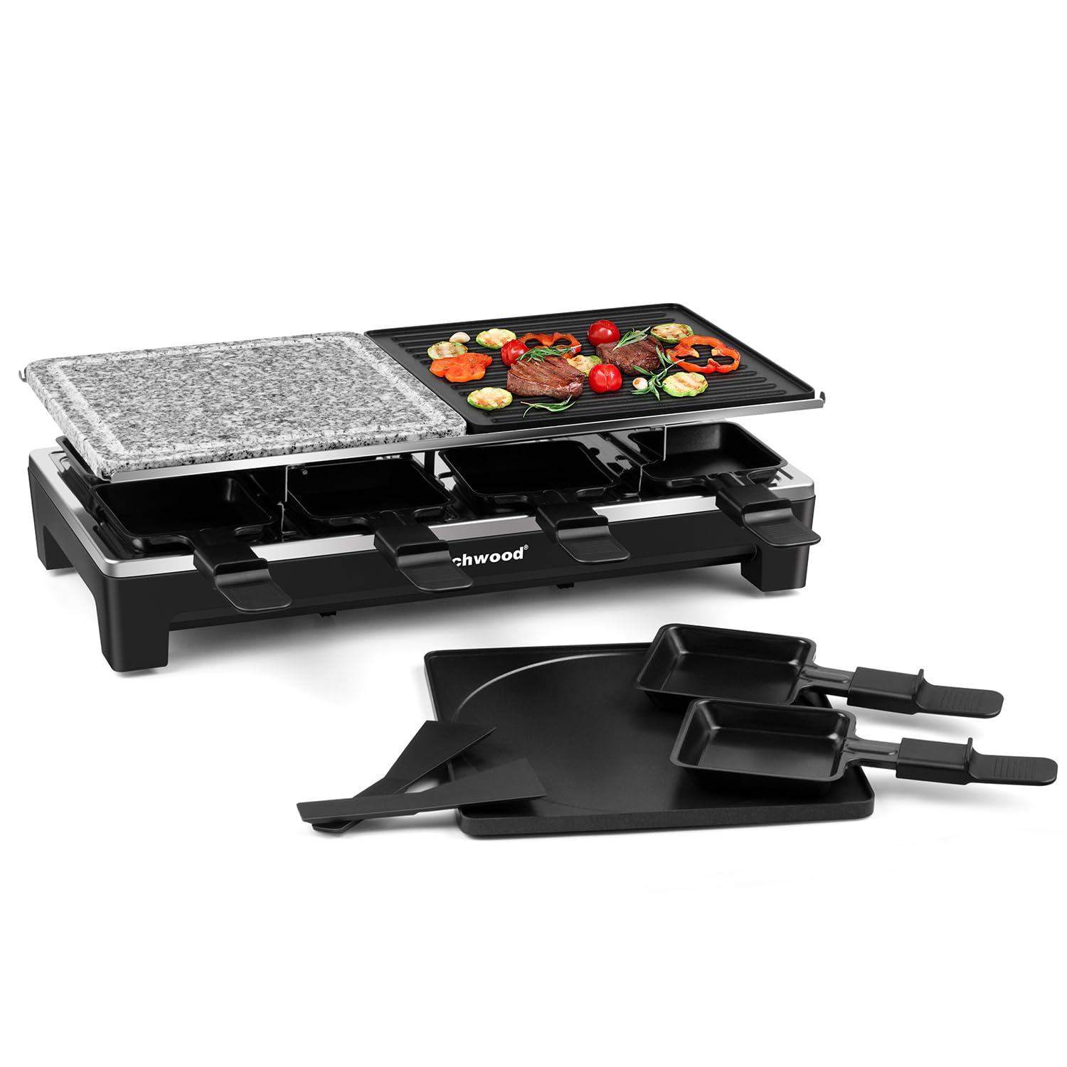 Raclette Grill, Techwood Electric Indoor Grill with 2 Reversible Non-stick Grill Griddle Plates, 1 Stone Grill Plate, 1500W Fast Heating with 8 Cheese Pans, Ideal for Parties and Family Fun, Black