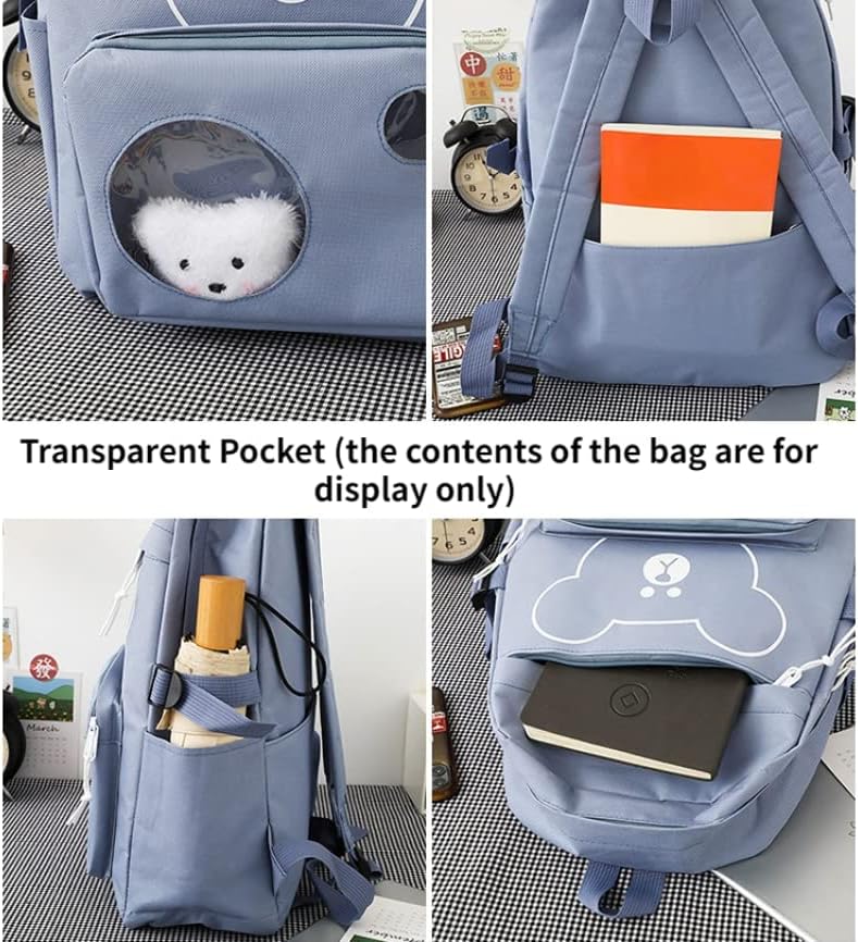 Miniatura 6 de Mochila de viaje con diseño de oso lindo para mujer, 5 piezas, con colgante kawaii, animé japonés, mochila escolar, Negro