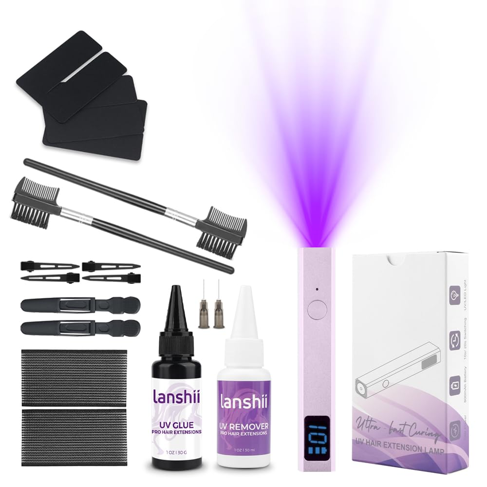 UV Lamp Hair Extension Tool Kit Invisible Hair Extensions UV Lamp 30g UV Hair Glue with 30ml Glue Remover Plastic Eyebrow Comb for UV Hair Set Eyelashes Extensions