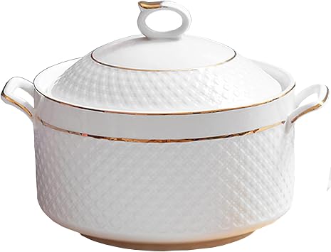 Ceramic White Soup Tureen with Lid Porcelain Serving Tureens for Restaurant Home Kitchen Decoration Ceramic Casserole Dish for Dinner and Party, Microwave and Dishwasher Safe,Gold,9inch