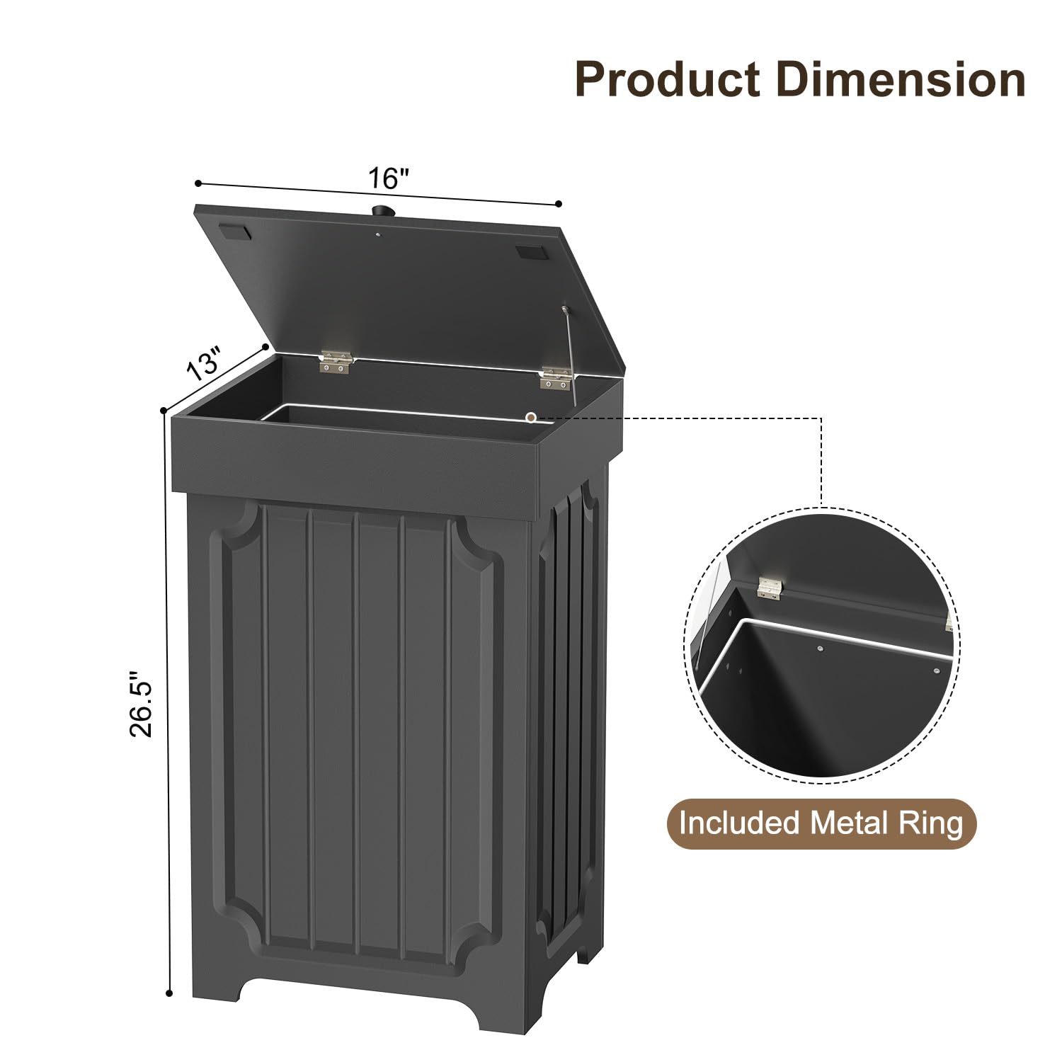 Povrgive Wood Trash Can Cabinet, 13 Gallon Hidden Kitchen Garbage Can with Lid, Farmhouse Dog Proof Trash Can, Metal Ring Included, 16" L x 13" W x 26.5" H, Black