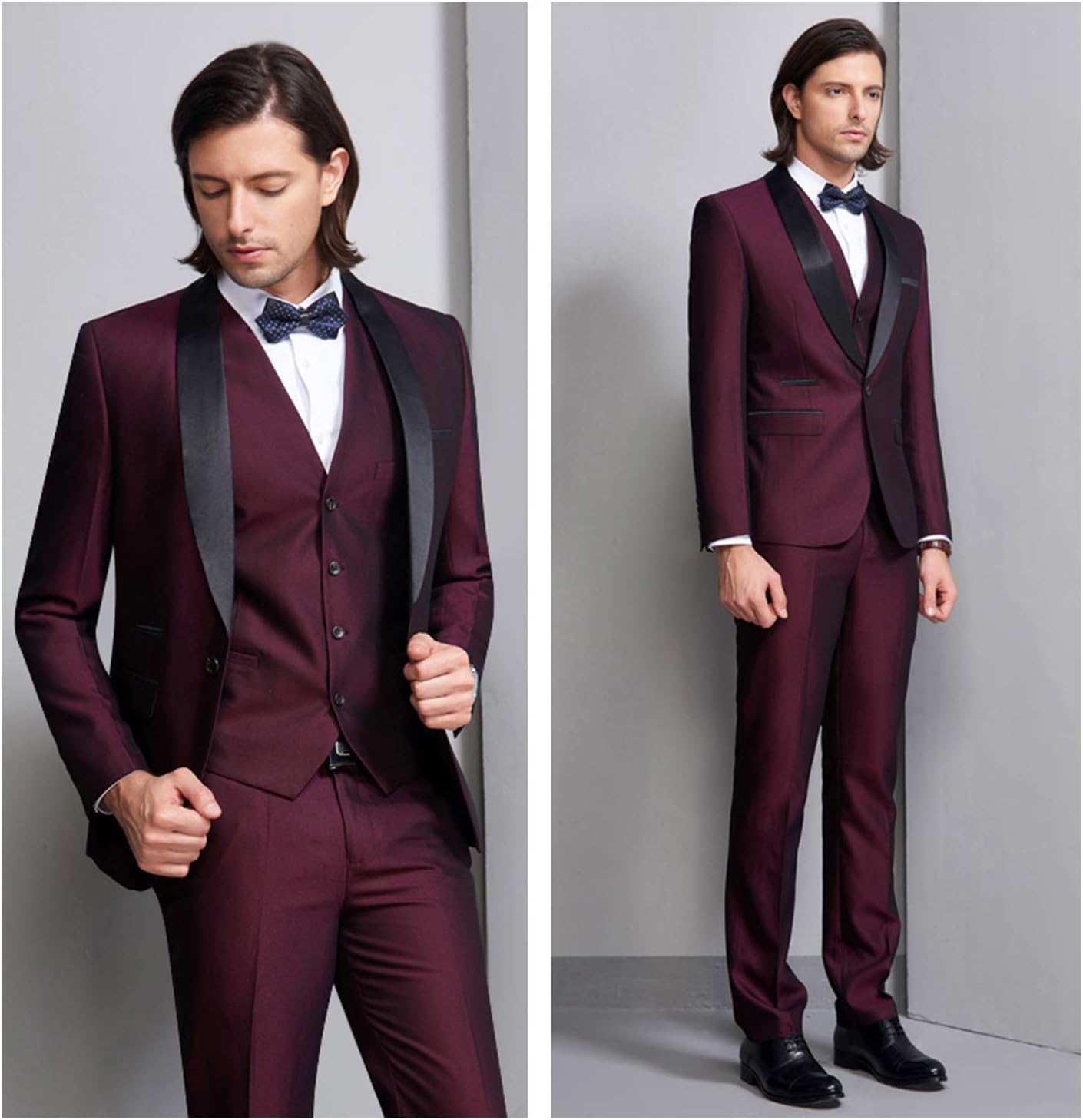 MY'S Mens 3 Piece Tuxedo Set with Bow Tie, Shawl Lapel One Button Jacket Vest & Pants, Slim Fit Suit Prom Party Wedding Tux - Image 2