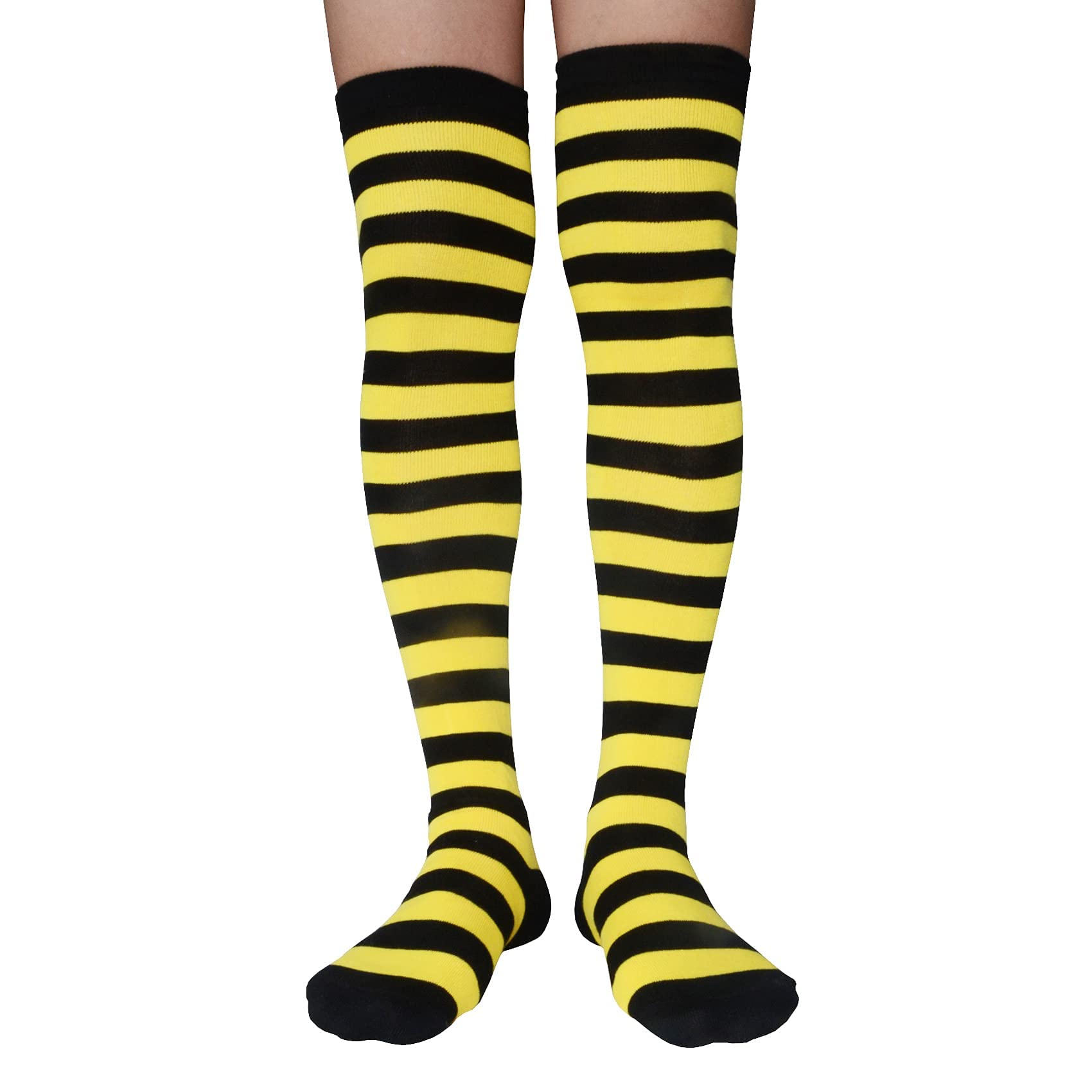 AUSUAYA Women Striped Over Knee Stockings, Cotton Thigh High Tube Long Stocks For Cosplay/Goth/Christmas Party GB-LW-3 (Black and Yellow Striped - Bee Stripe)