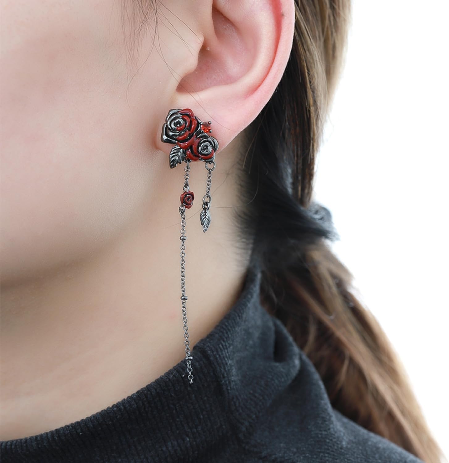 Gothic style rose earrings, personalized asymmetrical tassel earrings, fashionable women's accessories MO39 image 2
