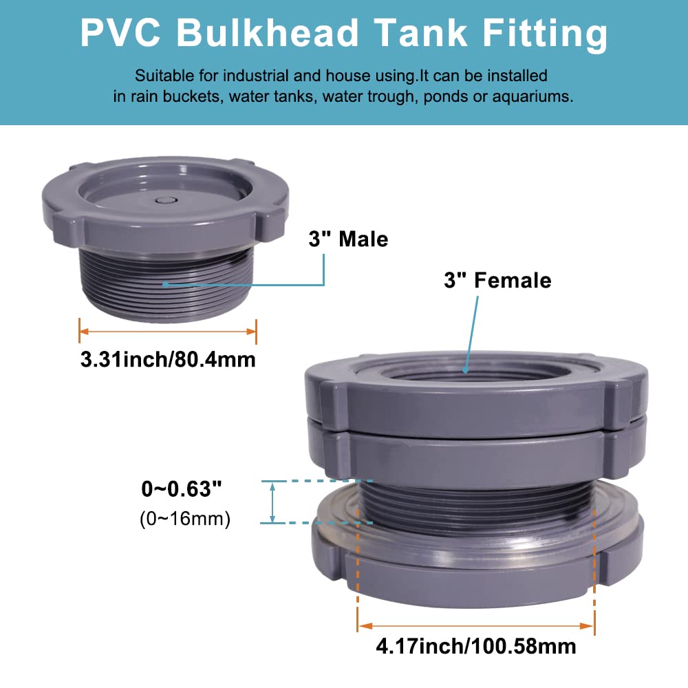 QuQuyi Adaptador de conector de tanque de agua de PVC de 3 pulgadas con tapones a través de tuberías a granel para barriles de lluvia, acuarios, estanques (juego de 1)