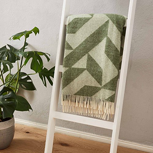 URBANARA Farum manta/manta – 100% lana de merino, diseño geométrico – cuddly-blanket, snuggle-blanket, Simple, lana de ovejas merino, green, cream, 130x175 cm