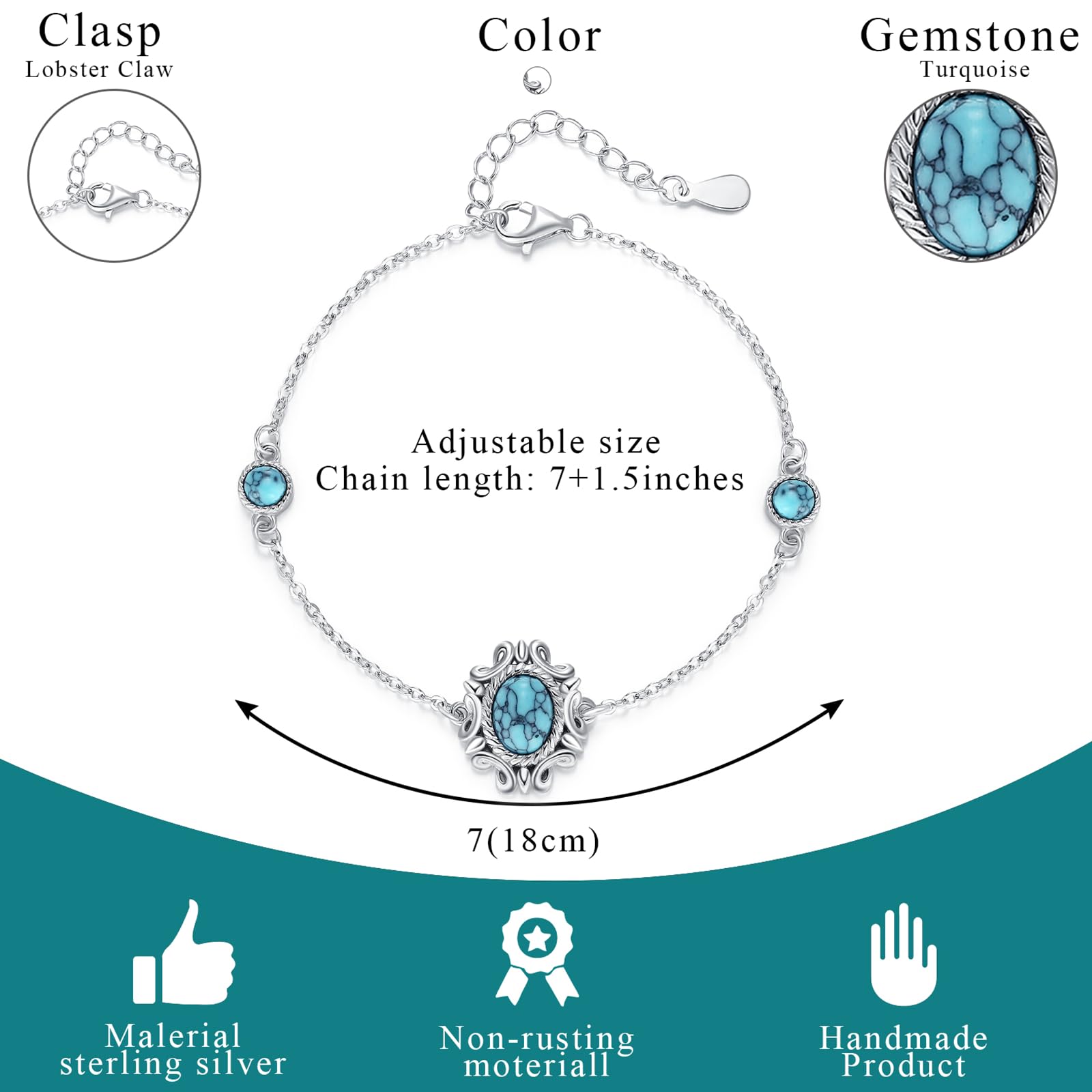 Türkis Armband 925 Sterling Silber Türkise Schmuck Weihnachten Halloween Ostern Muttertag Valentinstag Geburtstag Schmuck Geschenke für Mutter Ehefrau Tochter Freund Frineund