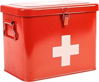 First Aid Kit, First Aid Medicine Supplies Bin - 2-Tier Metal Medicine Storage Tin, Samll First Aid Box with Removable Tray for Home & Workplace Emergency Tool Set - Red