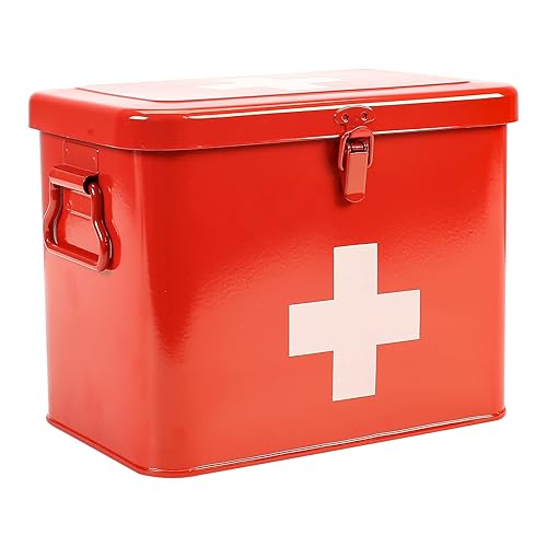 Xbopetda First Aid Kit, First Aid Medicine Supplies Bin - 2-Tier Metal Medicine Storage Tin, Samll First Aid Box with Removable Tray for Home & Workplace Emergency Tool Set - Red - Red